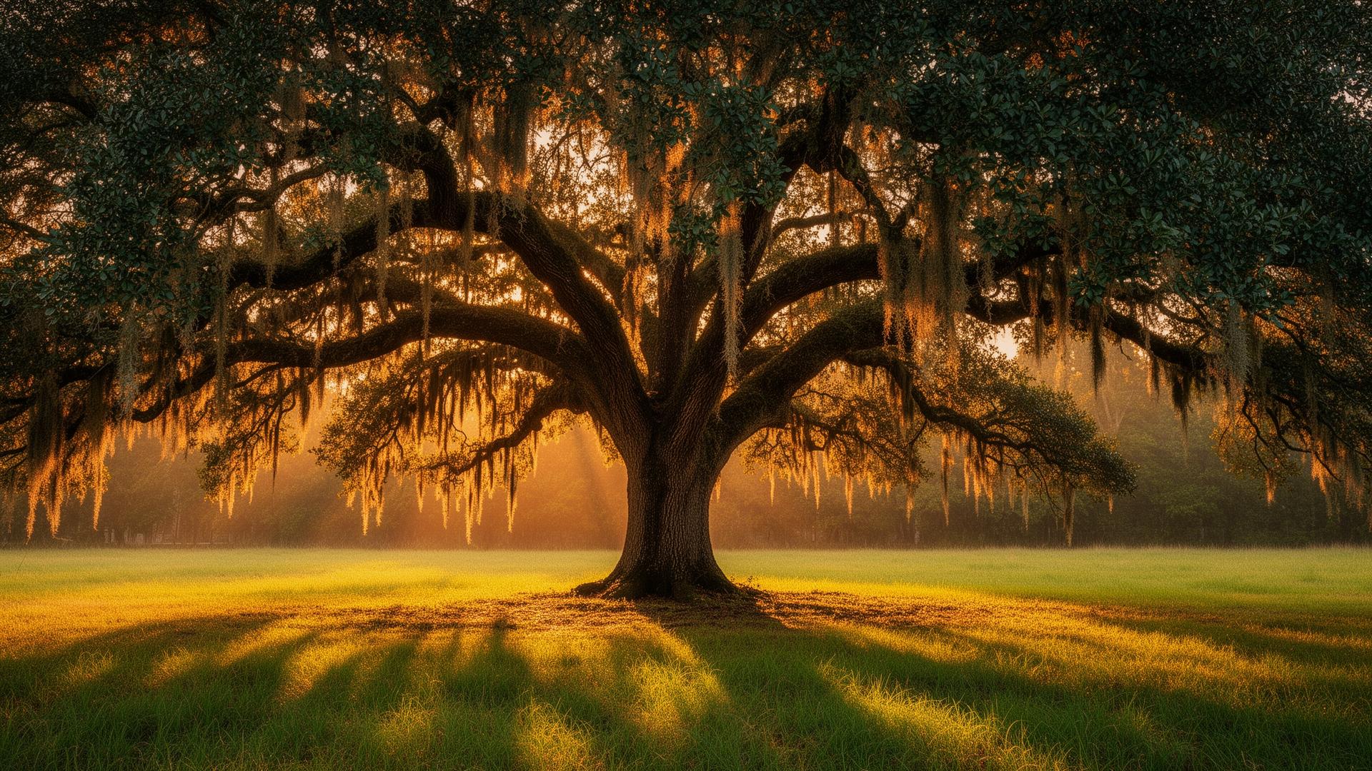 A majestic oak tree at golden hour, symbolizing deep family roots